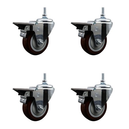 Service Caster 35 Inch Maroon Polyurethane 38 Inch Threaded Stem Caster Set with Brake SCC-TS20S3514-PPUB-MRN-PLB-381615-4